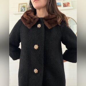Vintage Hockanum Sabrina Coat, Jackie O Style. Black Wool Coat Brown Fur Collar